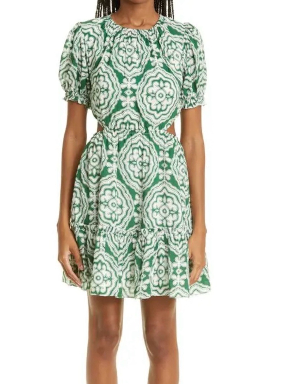 Lemlem nwt puff sleeve Green & White Cutout back Mini Dress size small